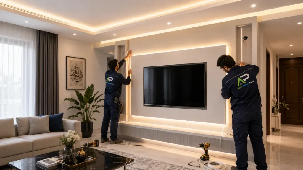 اجرای TV Wall کناف مدرن با نور مخفی در پذیرایی منزل ایرانی
